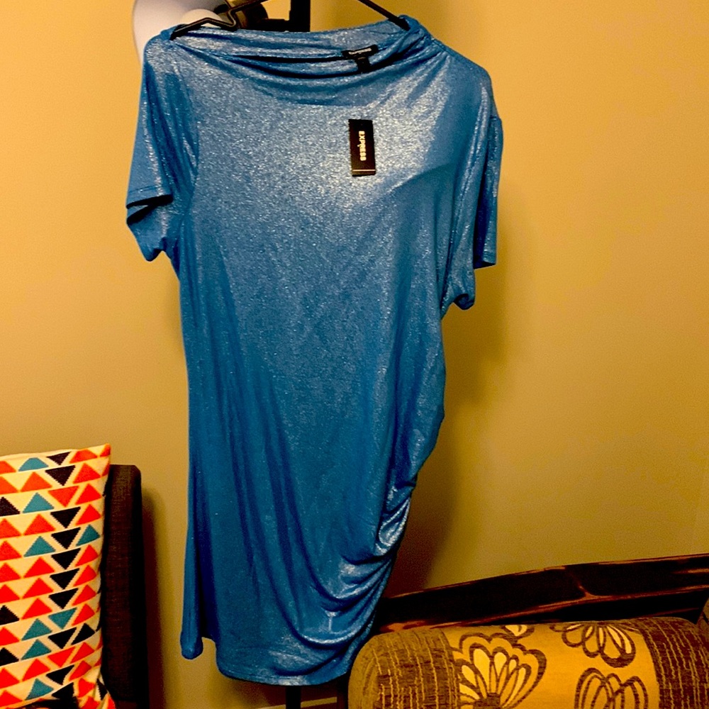 Shiny blue asymmetrical short sleeve tunic stretchy dress Express size large